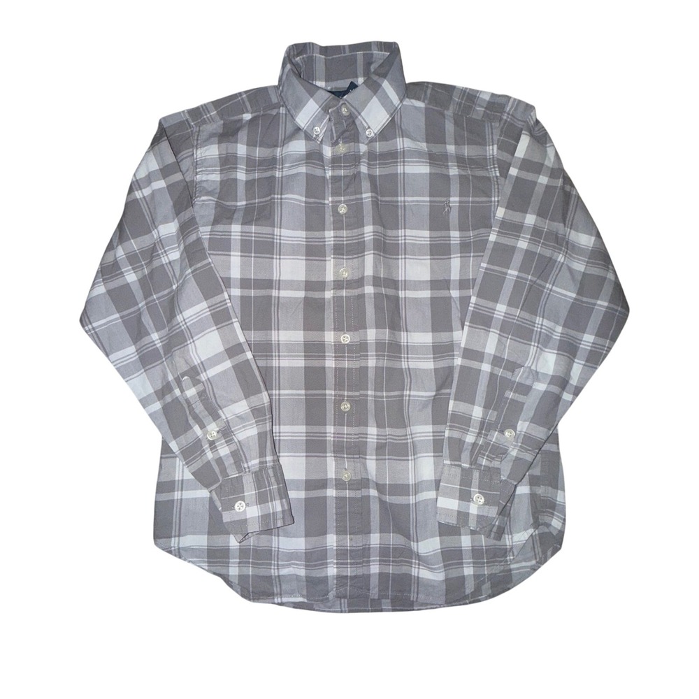 Ralph‎ Lauren Plaid Button Down Boys Medium Grey White Long Sleeve Cotton Preppy